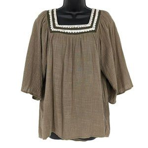 Tassels N Lace Blouse S Olive Army Green Wide Sleeve Crochet Trim Square Neck
